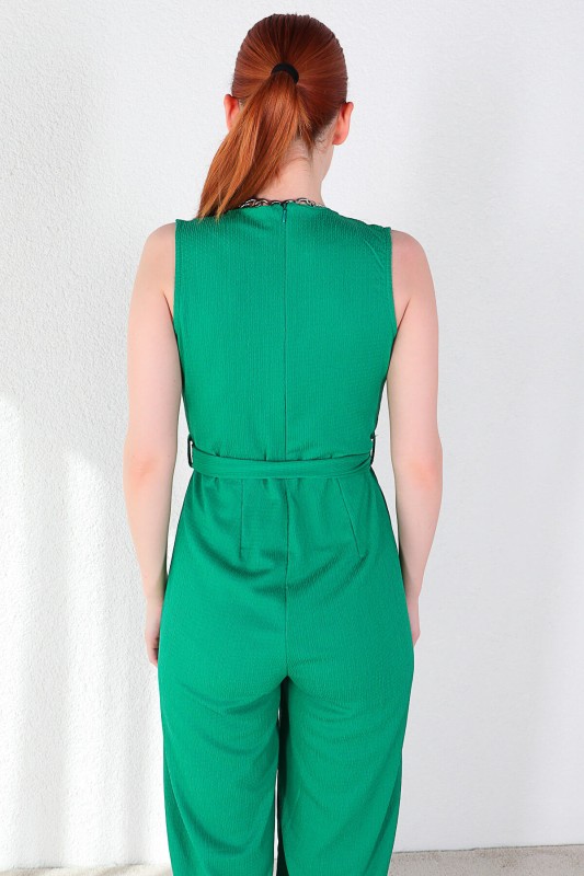 ELB-01645 Yeşil Kruvaze Yaka Kuşaklı Tulum Elbise