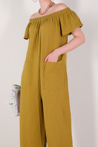 ELB-01646 Yağ Yeşili Keten Kayık Yaka Salaş Tulum Elbise - Thumbnail