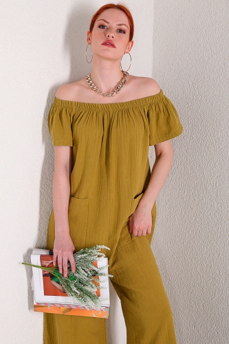 Cappmoda - ELB-01646 Yağ Yeşili Keten Kayık Yaka Salaş Tulum Elbise (1)
