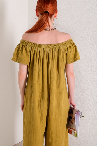 ELB-01646 Yağ Yeşili Keten Kayık Yaka Salaş Tulum Elbise - Thumbnail