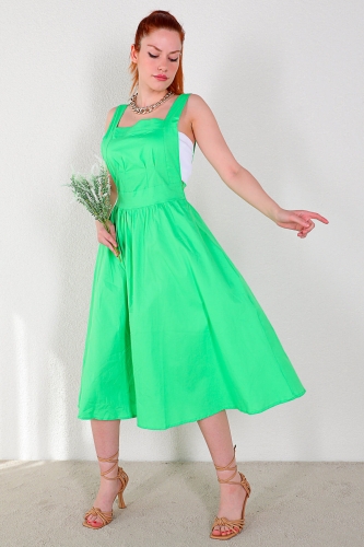 ELB-01647 Yeşil Kare Yaka Kalın Askılı Mini Elbise - Thumbnail