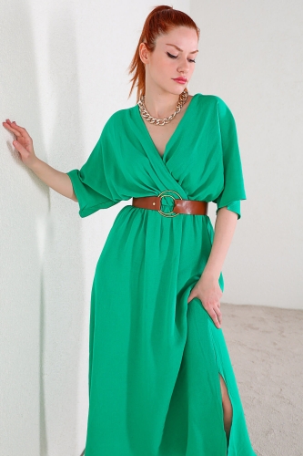 ELB-01655 Yeşil Kruvaze Yaka Halka Kemerli Elbise - Thumbnail