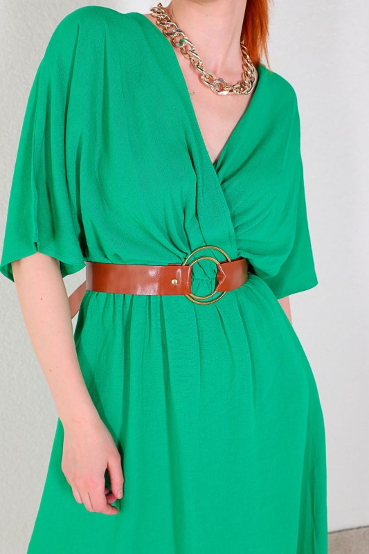 ELB-01655 Yeşil Kruvaze Yaka Halka Kemerli Elbise