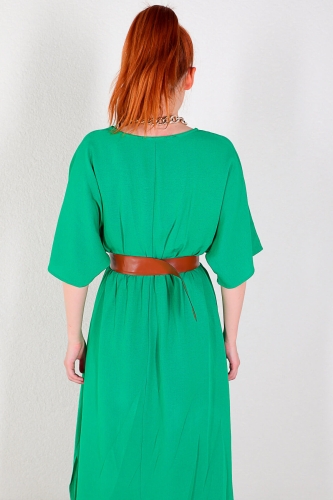 ELB-01655 Yeşil Kruvaze Yaka Halka Kemerli Elbise - Thumbnail