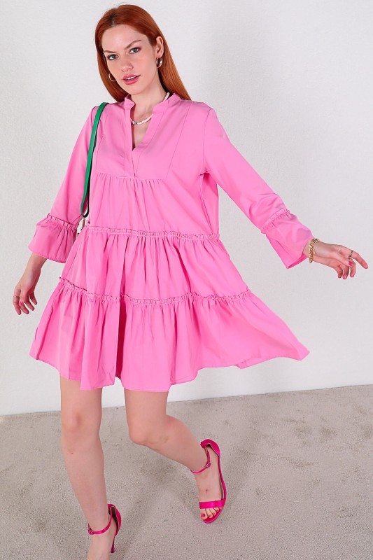 ELB-01656 Pembe V Yaka Katlı Salaş Elbise