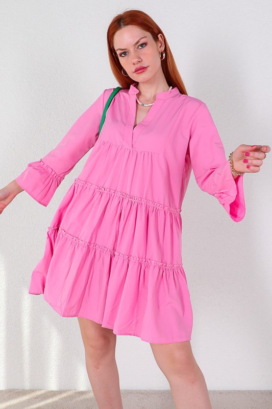 ELB-01656 Pembe V Yaka Katlı Salaş Elbise