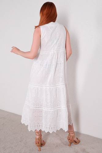 ELB-01658 Beyaz Fisto Kumaş V Yaka Astarlı Elbise - Thumbnail