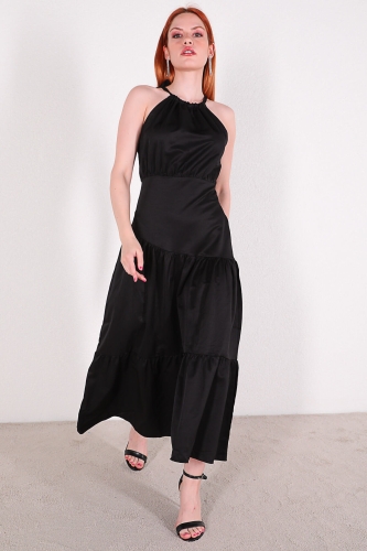 ELB-01660 Siyah Boyundan Bağlamalı Salaş Katlı Elbise - Thumbnail