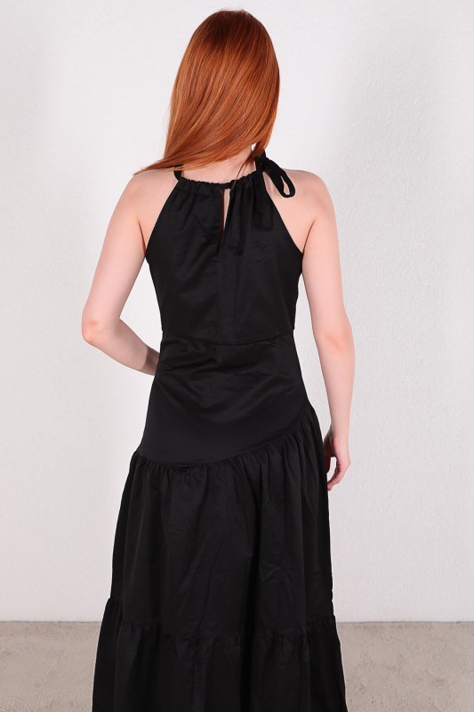 ELB-01660 Siyah Boyundan Bağlamalı Salaş Katlı Elbise