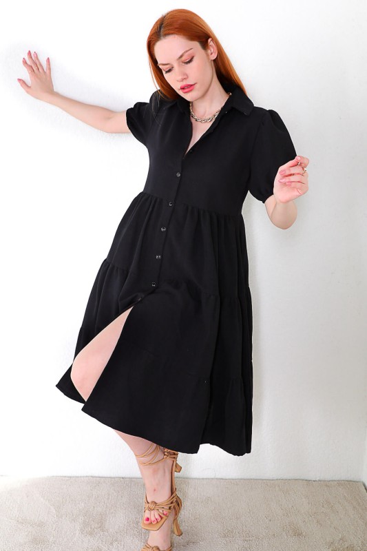 ELB-01663 Siyah Karpuz Kol Yırtmaçlı Düğmeli Elbise