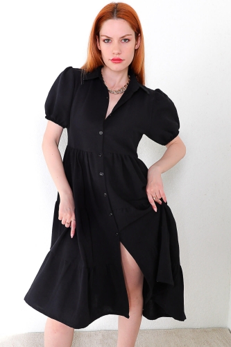 Cappmoda - ELB-01663 Siyah Karpuz Kol Yırtmaçlı Düğmeli Elbise (1)