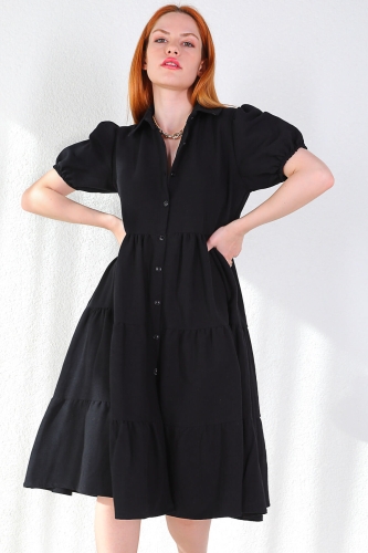 ELB-01663 Siyah Karpuz Kol Yırtmaçlı Düğmeli Elbise - Thumbnail