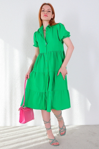 ELB-01663 Yeşil Karpuz Kol Yırtmaçlı Düğmeli Elbise - Thumbnail