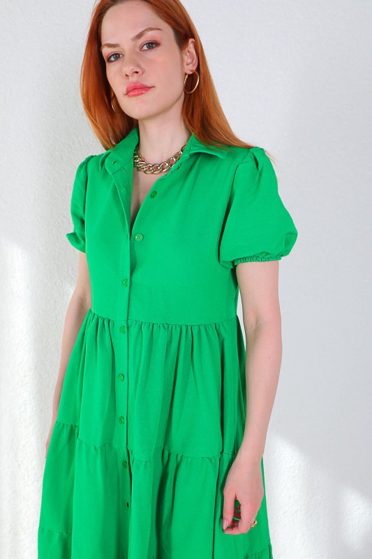 ELB-01663 Yeşil Karpuz Kol Yırtmaçlı Düğmeli Elbise