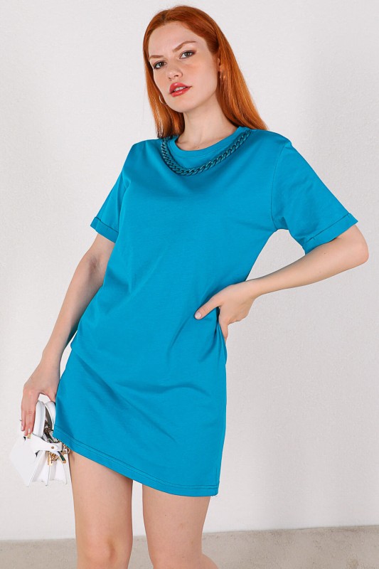 ELB-01664 Mavi Zincir Detaylı Basic Elbise