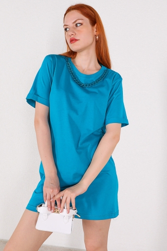 Cappmoda - ELB-01664 Mavi Zincir Detaylı Basic Elbise (1)