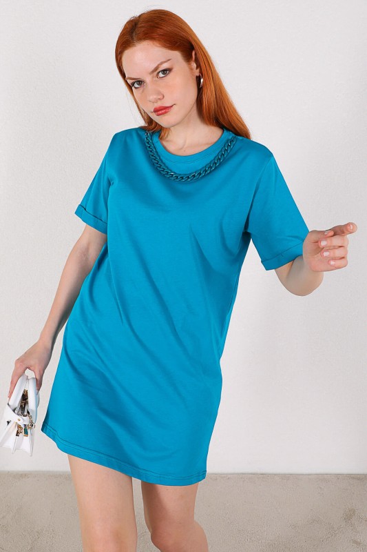 ELB-01664 Mavi Zincir Detaylı Basic Elbise
