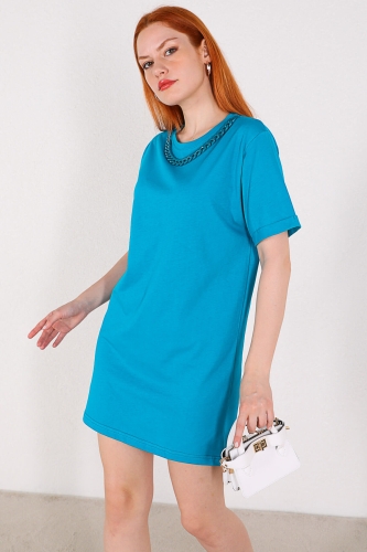 ELB-01664 Mavi Zincir Detaylı Basic Elbise - Thumbnail
