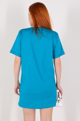 ELB-01664 Mavi Zincir Detaylı Basic Elbise - Thumbnail