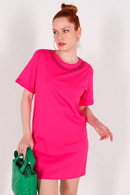 ELB-01664 Pembe Zincir Detaylı Basic Elbise