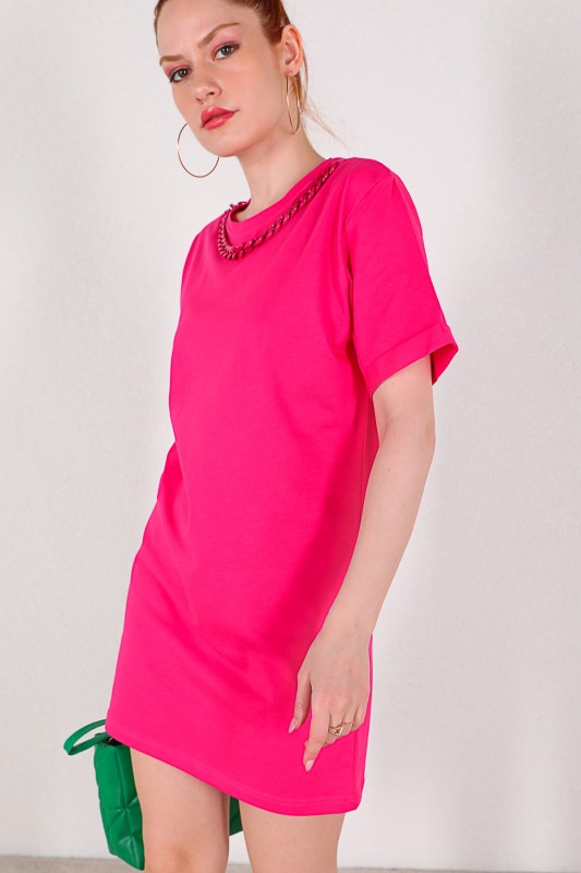 ELB-01664 Pembe Zincir Detaylı Basic Elbise