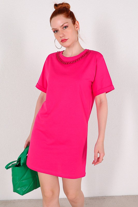 ELB-01664 Pembe Zincir Detaylı Basic Elbise