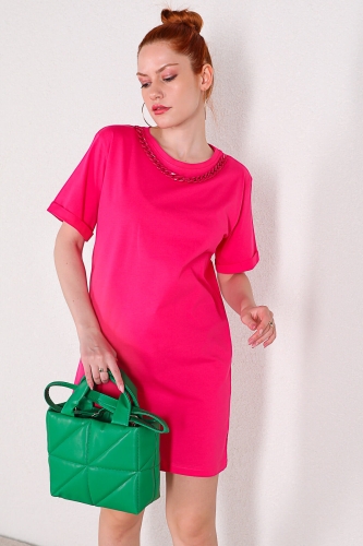 ELB-01664 Pembe Zincir Detaylı Basic Elbise - Thumbnail