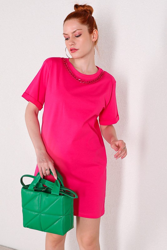 ELB-01664 Pembe Zincir Detaylı Basic Elbise