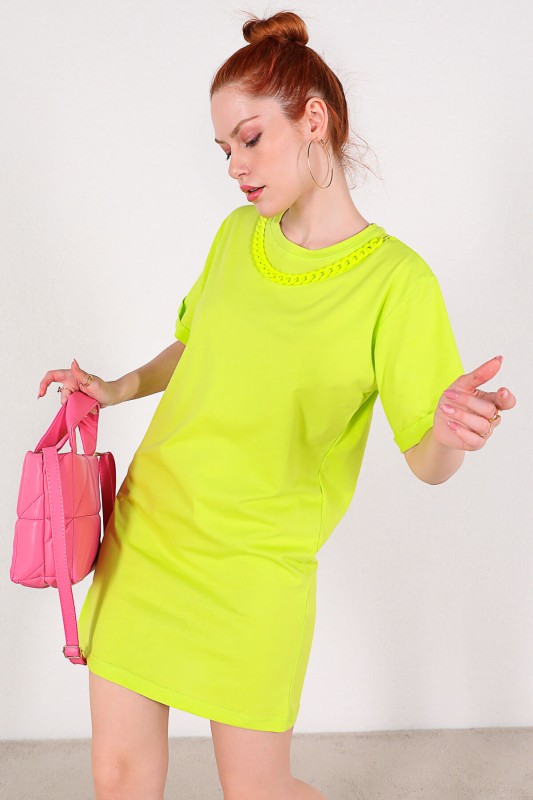 ELB-01664 Sarı Zincir Detaylı Basic Elbise