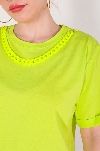 ELB-01664 Sarı Zincir Detaylı Basic Elbise - Thumbnail
