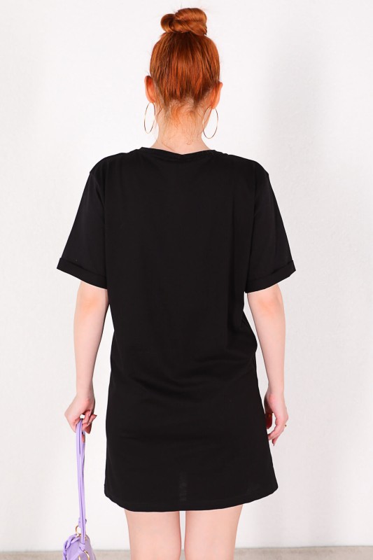 ELB-01664 Siyah Zincir Detaylı Basic Elbise