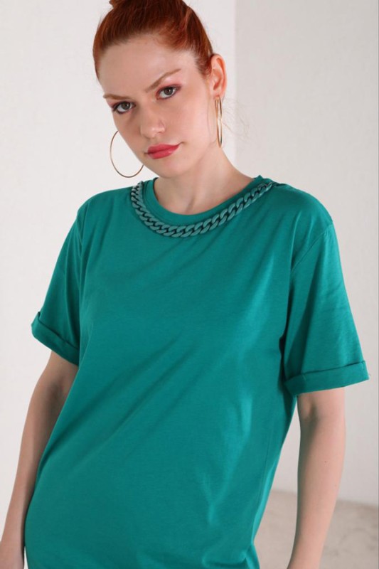ELB-01664 Yeşil Zincir Detaylı Basic Elbise