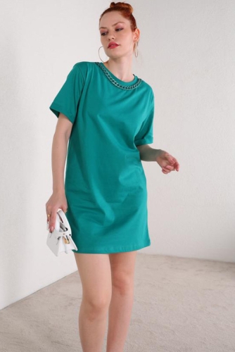 ELB-01664 Yeşil Zincir Detaylı Basic Elbise - Thumbnail
