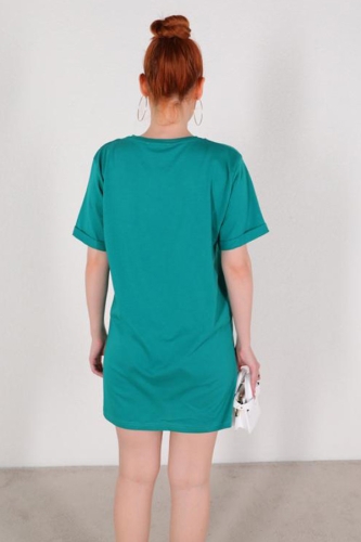 ELB-01664 Yeşil Zincir Detaylı Basic Elbise - Thumbnail