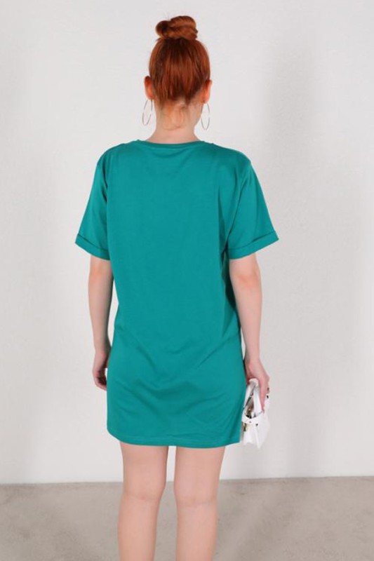 ELB-01664 Yeşil Zincir Detaylı Basic Elbise