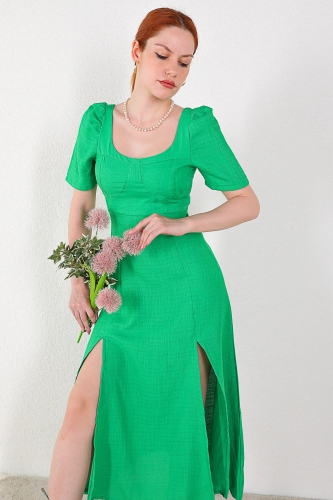 ELB-01666 Yeşil Yuvarlak Yaka Çift Yırtmaçlı Elbise - Thumbnail