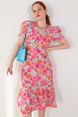 ELB-01671 Çok Renkli Çiçek Desenli Keten Fırfır Elbise - Thumbnail