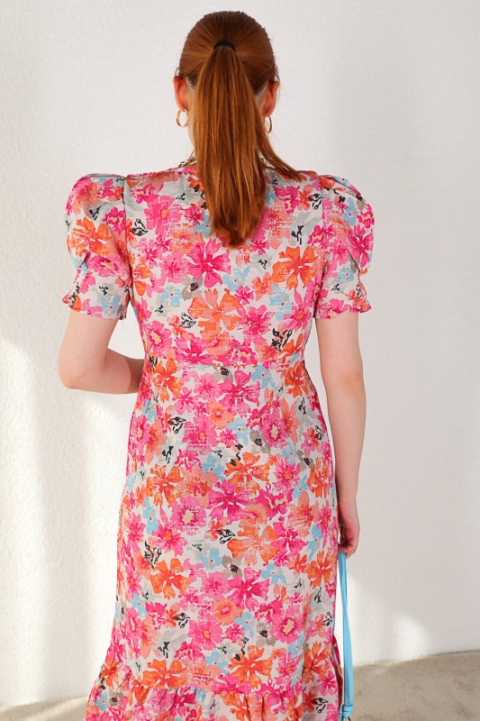 ELB-01671 Çok Renkli Çiçek Desenli Keten Fırfır Elbise