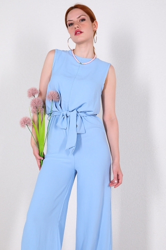 Cappmoda - ELB-01672 Bebe Mavisi Halter Yaka Kuşaklı Salaş Aerobin Kumaş Tulum Elbise (1)