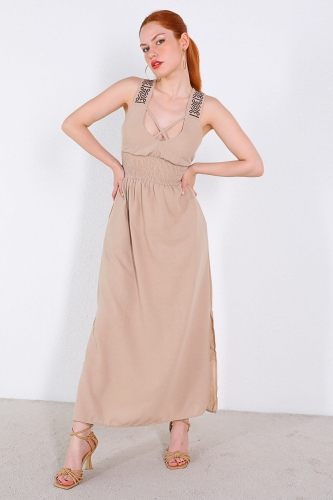 ELB-01673 Taş Rengi Kalın Etnik Askılı Çapraz Detaylı Lastikli Elbise - Thumbnail
