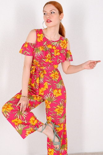 Cappmoda - ELB-01675 Pembe Sarı Çiçek Desenli Fırfırlı Kuşaklı Tulum Elbise (1)