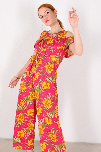 ELB-01675 Pembe Sarı Çiçek Desenli Fırfırlı Kuşaklı Tulum Elbise - Thumbnail