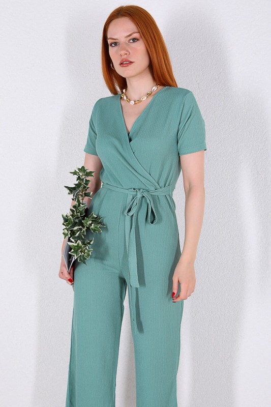 ELB-01677 Mint Yeşili Kruvaze Yaka Kuşaklı Tulum Elbise