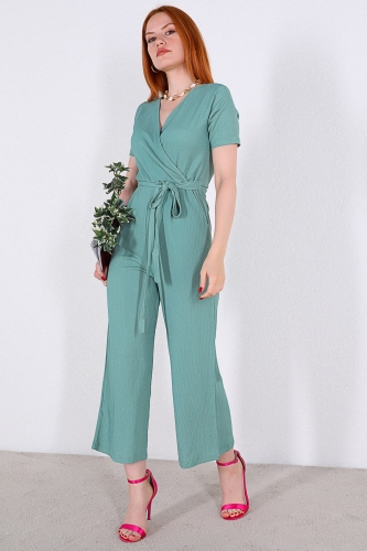 ELB-01677 Mint Yeşili Kruvaze Yaka Kuşaklı Tulum Elbise - Thumbnail