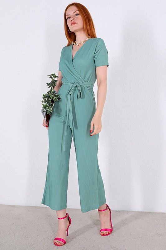 ELB-01677 Mint Yeşili Kruvaze Yaka Kuşaklı Tulum Elbise