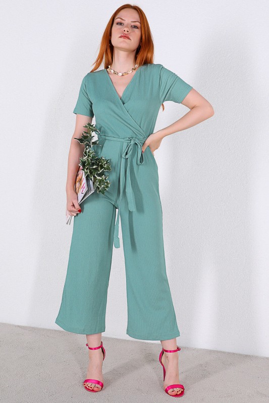 ELB-01677 Mint Yeşili Kruvaze Yaka Kuşaklı Tulum Elbise