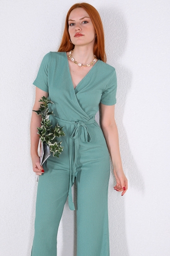 Cappmoda - ELB-01677 Mint Yeşili Kruvaze Yaka Kuşaklı Tulum Elbise (1)