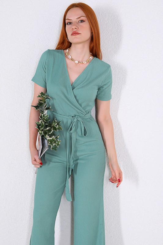 ELB-01677 Mint Yeşili Kruvaze Yaka Kuşaklı Tulum Elbise