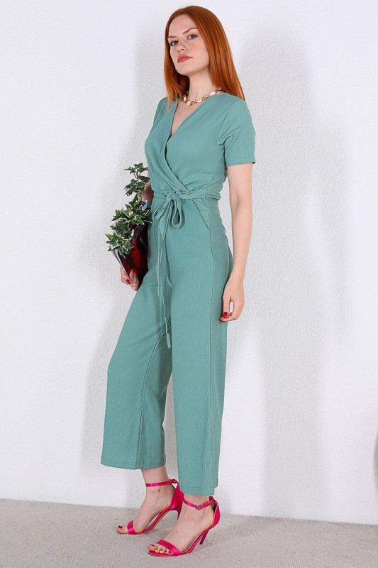 ELB-01677 Mint Yeşili Kruvaze Yaka Kuşaklı Tulum Elbise