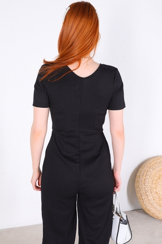 ELB-01677 Siyah Kruvaze Yaka Kuşaklı Tulum Elbise - Thumbnail